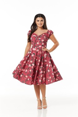 Robe rockabilly à fleurs rose années 50 femme