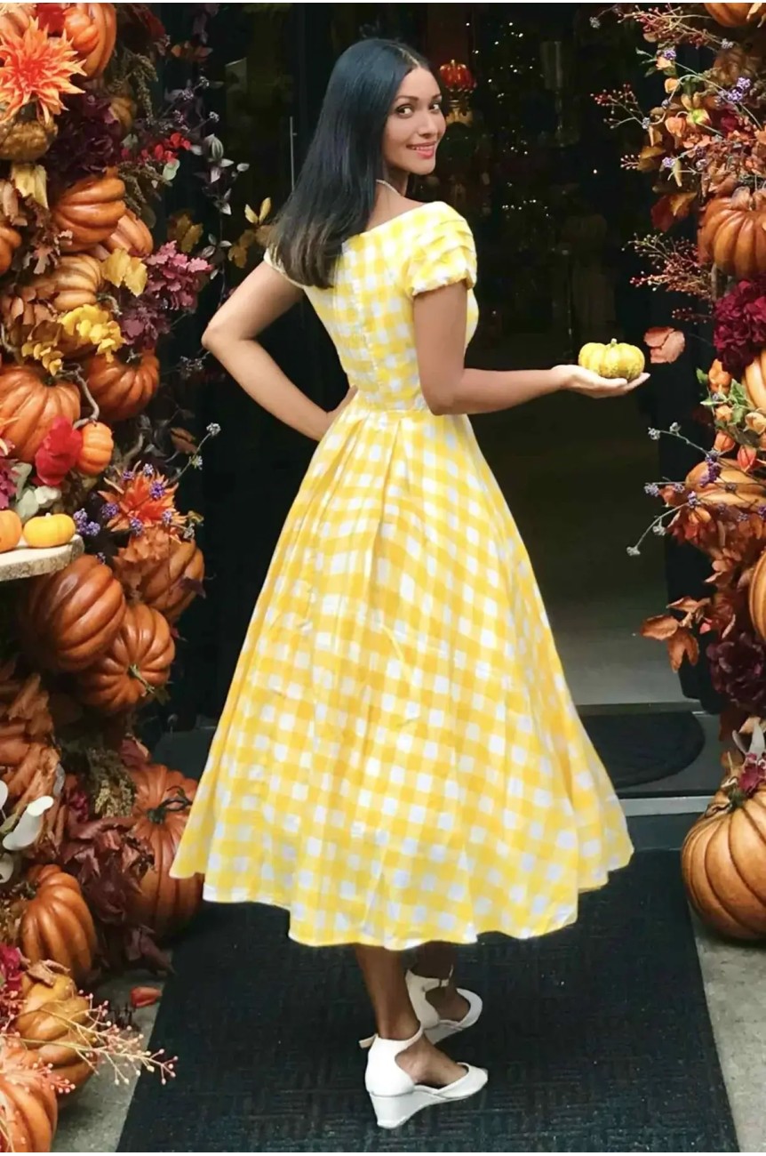 Robe rockabilly a carreaux jaune