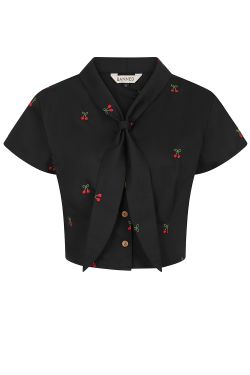 Blouse retro noire imprimé cerise