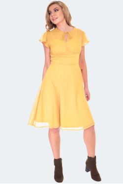 Robe rockabilly à papillons moutarde années 50 femme