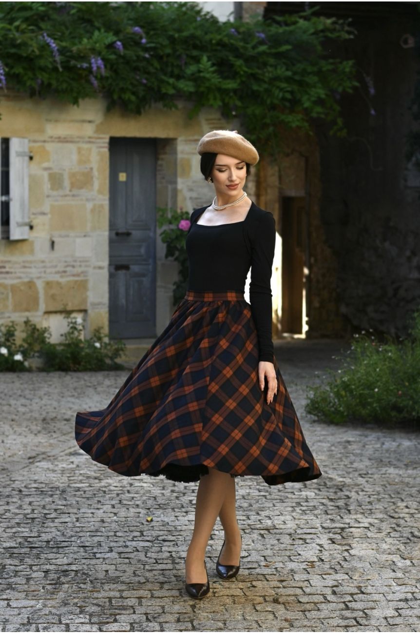 Jupe midi swing a carreaux marron