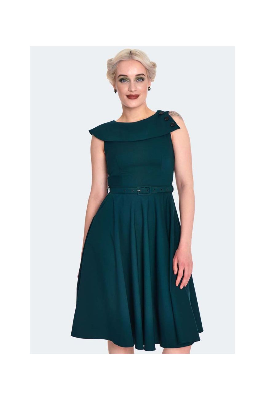 robe pin-up vert col bateau boutons epaules