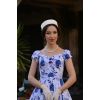 Robe vintage pin-up fleurs bleues lavande manches courtes jupe swing midi
