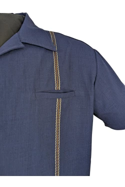 Chemise rockabilly navy bleu marine col ouvert surpiqures beiges elegant