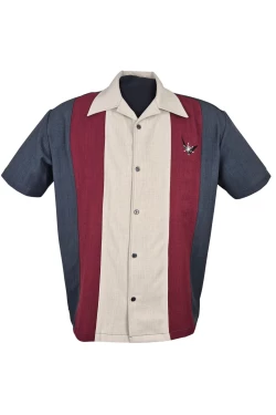 Chemise bowling homme Atomic broderie rayures verticales beige bordeaux gris