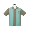 Chemise bowling Tiki broderie polynesienne rayures aqua herb boutons metal