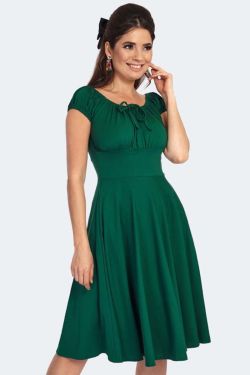 Robe vert emeraude encolure froncee manches courtes jupe evasee pin-up vintage