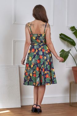 Robe exotique navy fleurs tropicales bustier ceinture evasee vintage retro