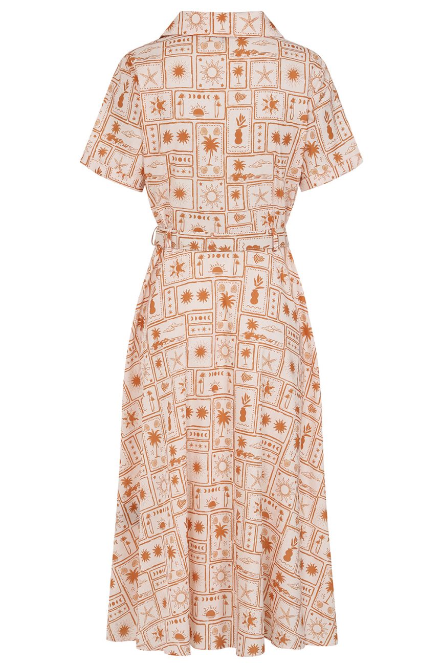 Robe exotica carreaux tiki beige orange symboles polynesiens ceinture vintage