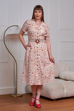 Robe carreaux tiki beige orange ananas palmiers ceinture poches vintage exotica