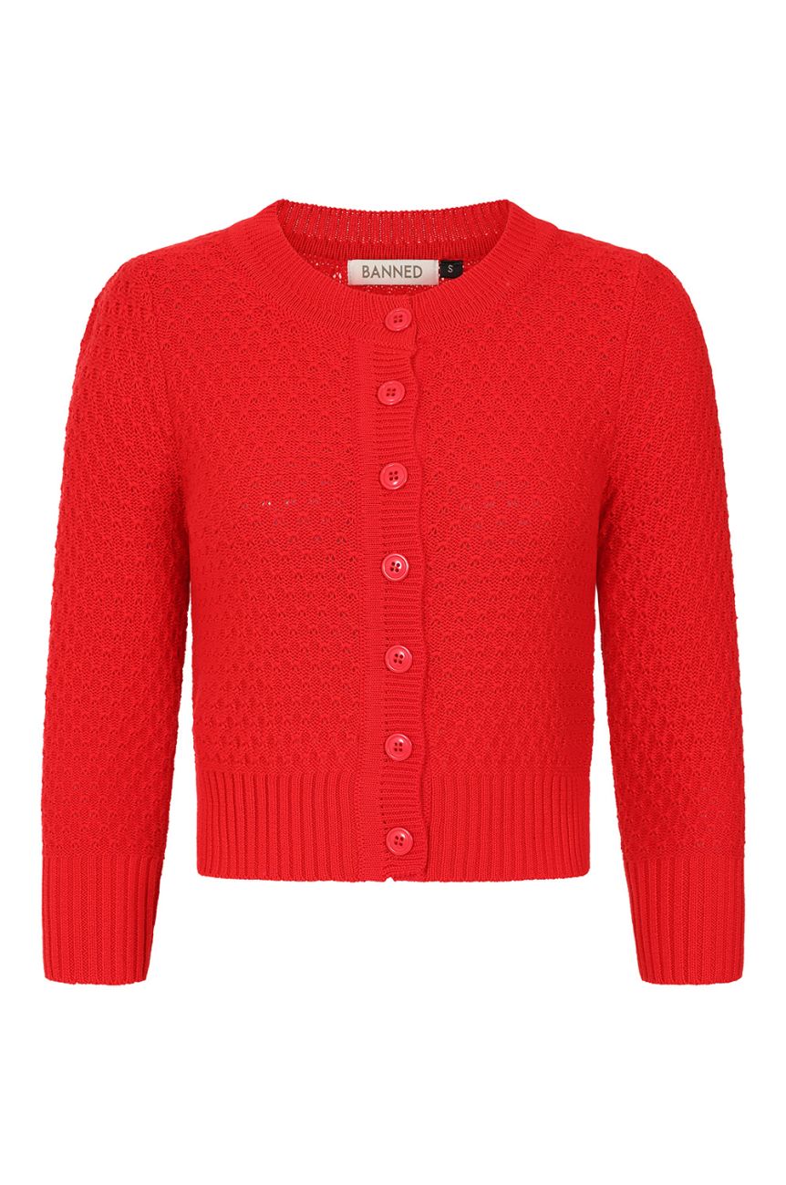 Cardigan vintage rouge tricot fantaisie ajoure coton manches trois-quarts