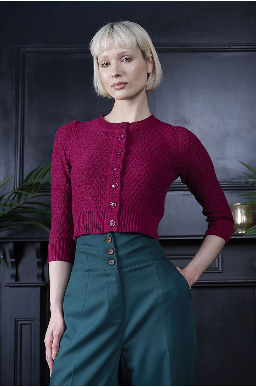 Cardigan court bordeaux tricot ajoure manches 3/4 boutons vintage pin-up coton