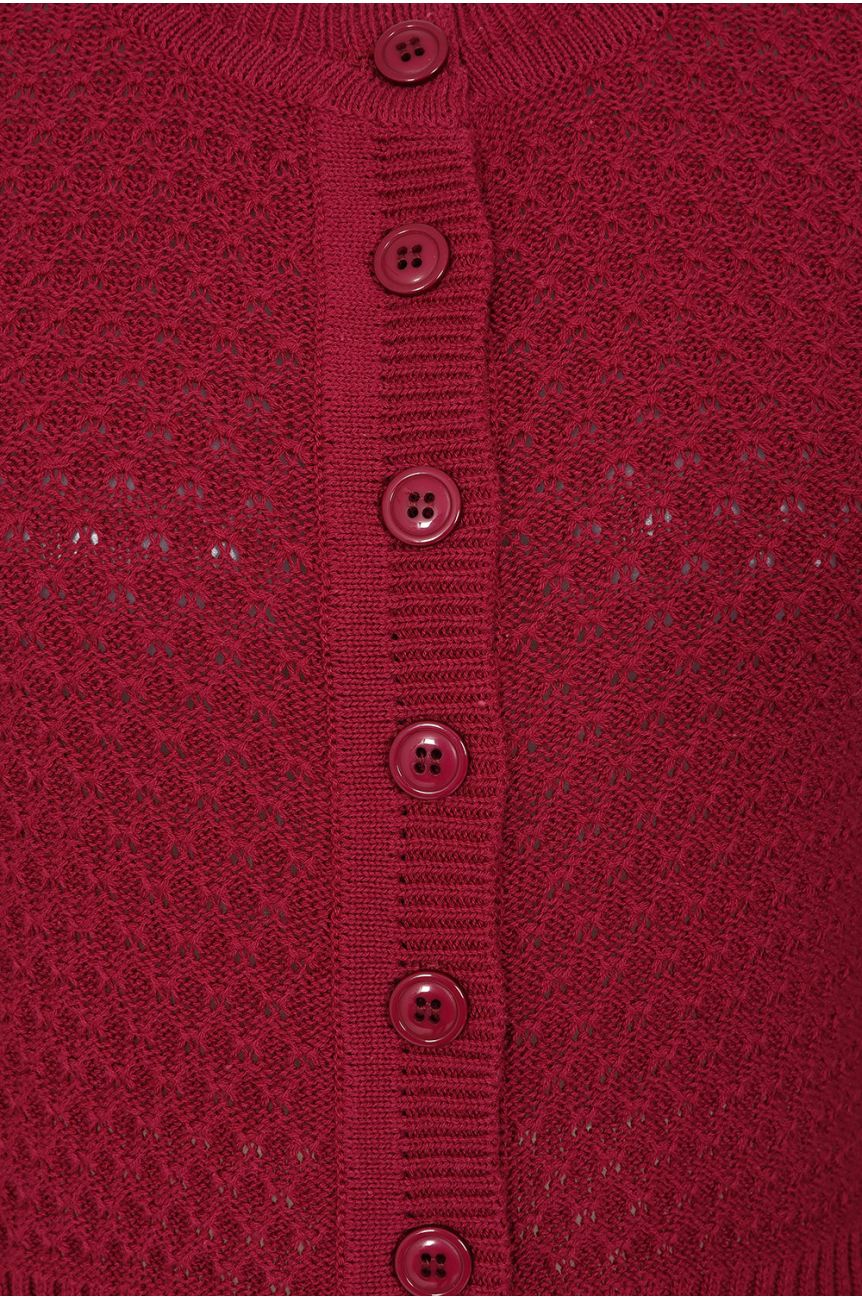 Gilet pin-up bordeaux court tricot ajoure boutons central coton elegant