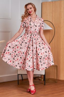 Robe rose Las Vegas casino cartes cocktails col chemise jupe circle vintage