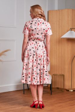 Robe pin-up rose imprime Las Vegas cartes poker ceinture jupe evasee retro