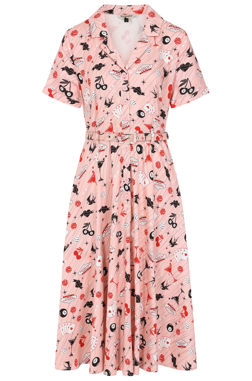 Robe vintage rose motif casino cartes showgirl col chemise circle swing