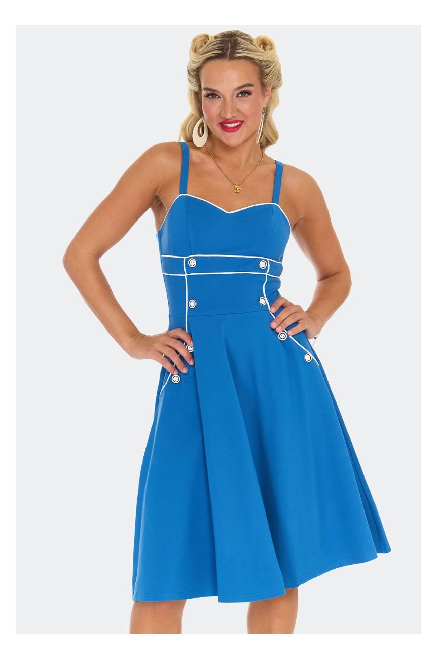 Robe nautique bleu royal bustier coeur liseres blancs pin-up maritime retro