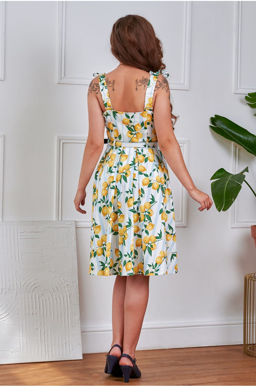 Robe vintage citrons mediterraneens blanc bustier bretelles nouees swing