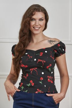 Top noir cerises rouges noeuds epaules denudees manches bouffantes pin-up