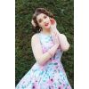 Robe pin-up bleu ciel fleurs roses vert bretelles larges jupe ample retro