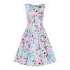 Robe annees 50 bleu ciel jardin floral roses feuillage swing elegant