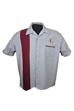 Chemise bowling homme gris clair et bordeaux Steady Clothing, panneau vertical bicolore, col cubain et broderie vintage rockabil