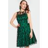 Robe vert forêt dentelle noire encolure illusion jupe evasee vintage