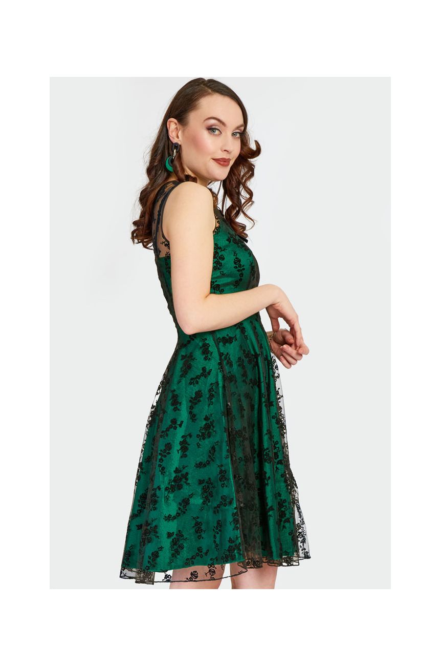 Robe vintage vert émeraude dentelle noire overlay corsage ajuste pin-up