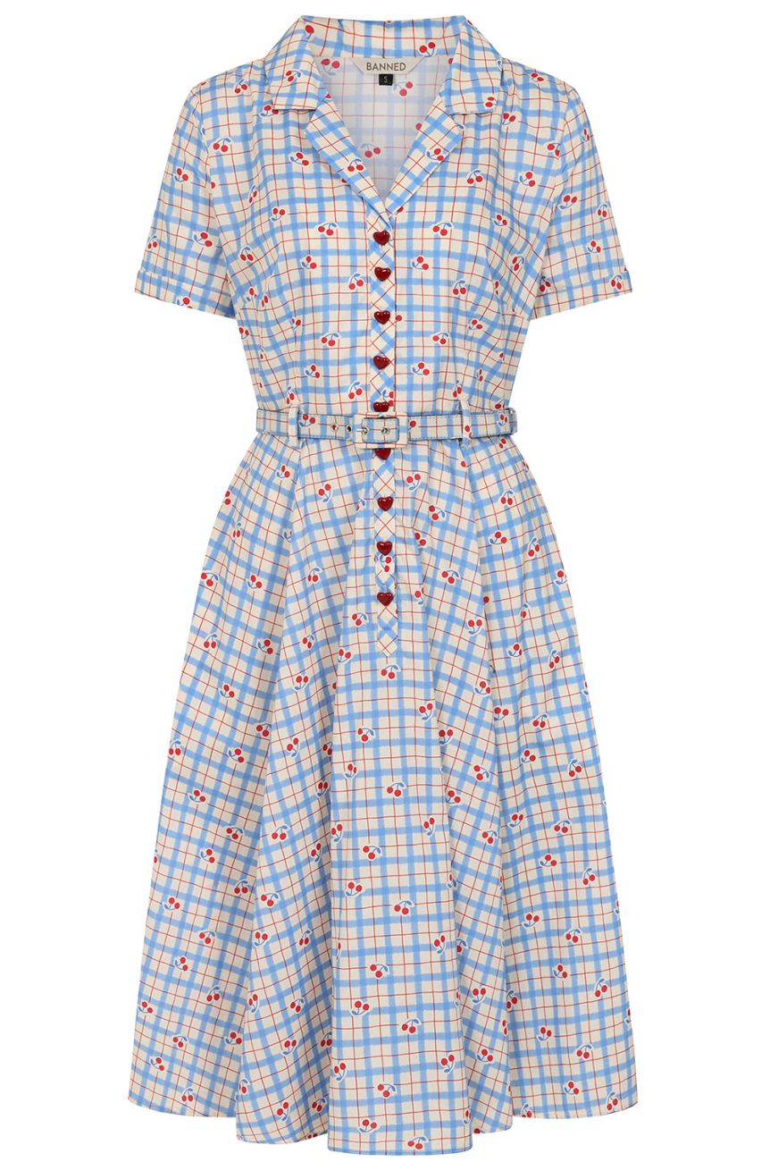 Robe vintage carreaux bleu blanc motif cerises col chemisier jupe ample