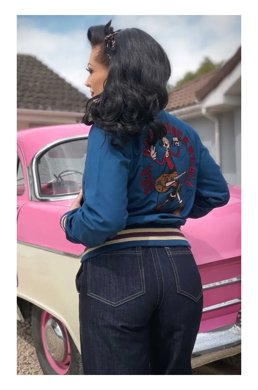 Veste college Rumble 59 bleu petrole broderie rock musicien guitare pin-up