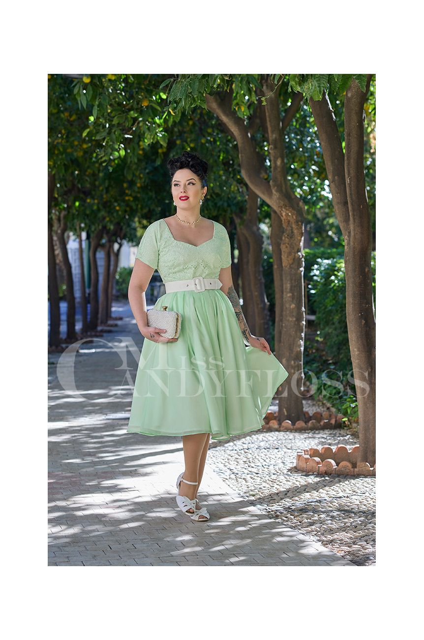 Robe swing menthe en mouvement double mousseline plissee style annees 50 rockabilly