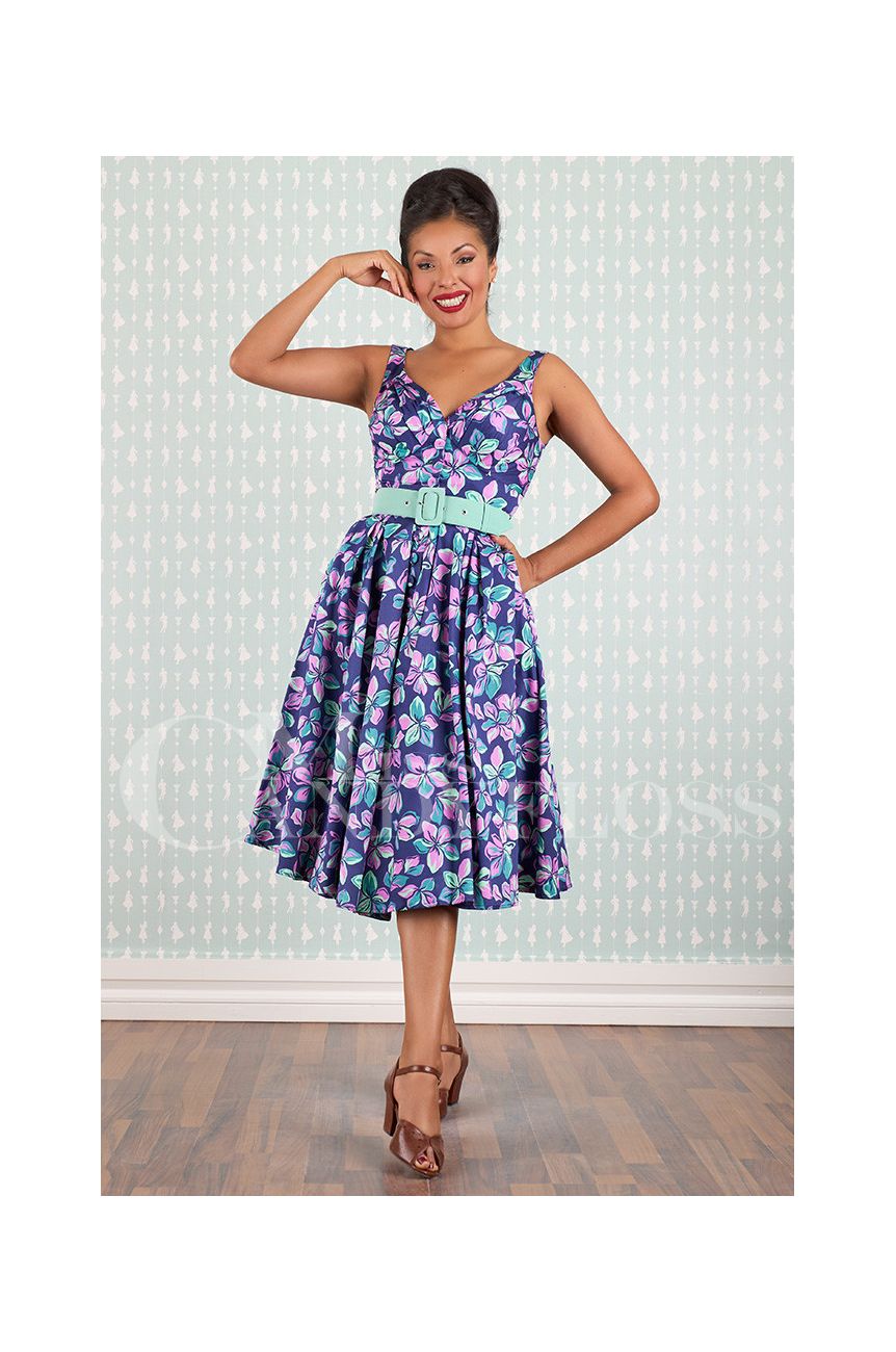 Dos robe marine fleurs tropicales decollete V bretelles larges jupe swing Miss Candyfloss