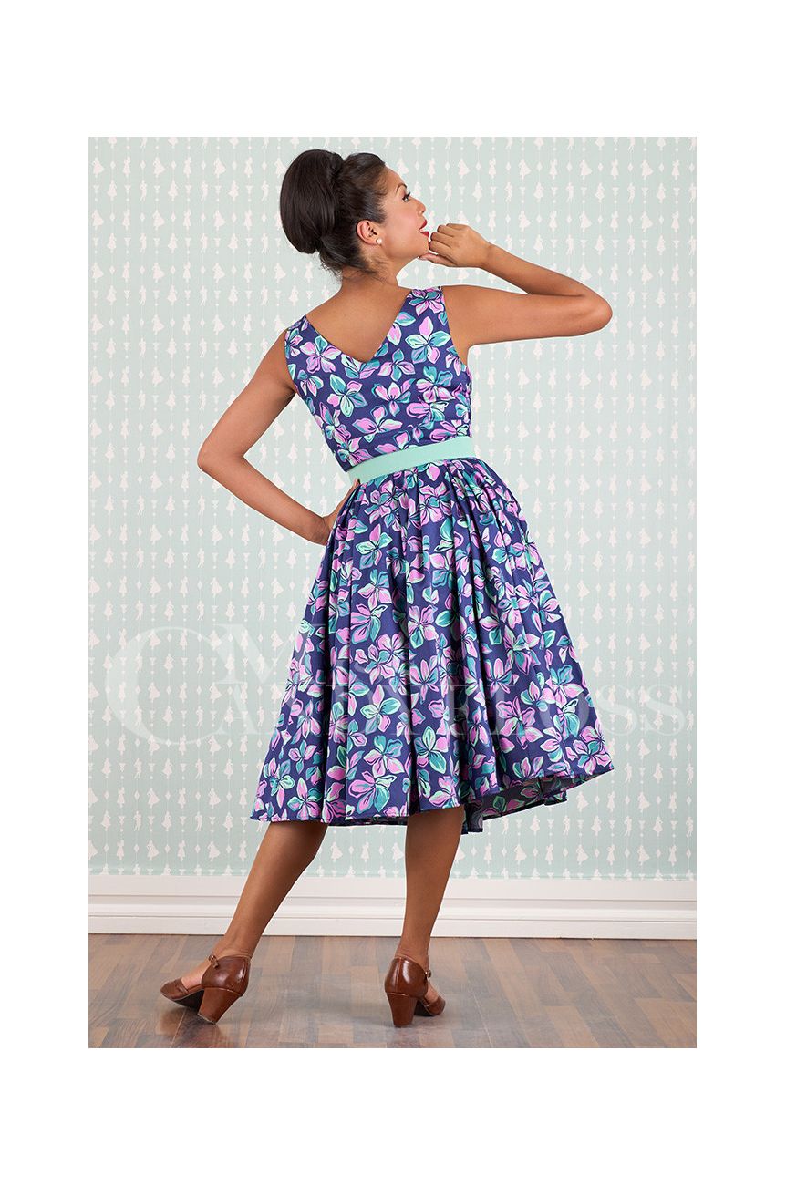 Robe pin-up marine floral tropical swing plisse silhouette sablier annees 50 rockabilly