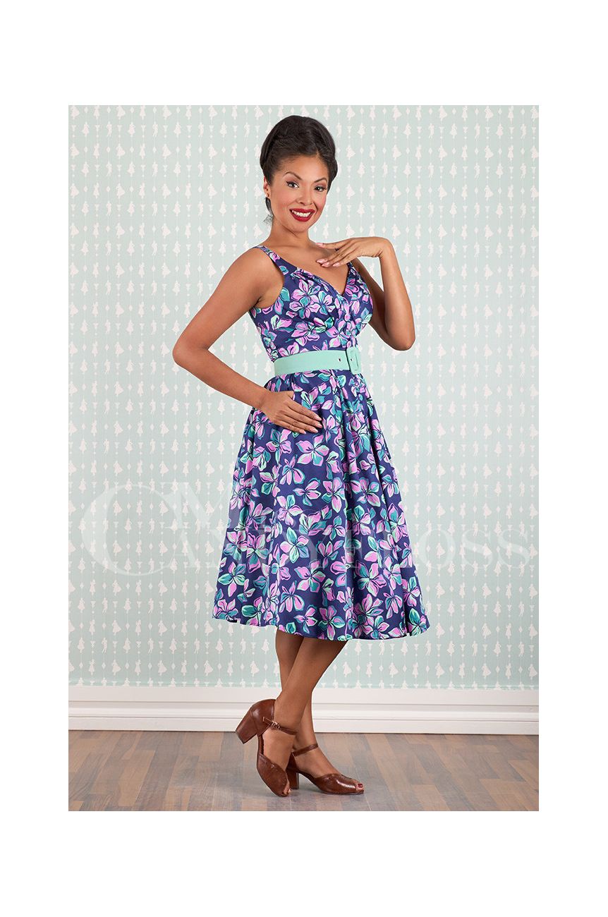 Robe rockabilly bleu marine imprime fleurs rose turquoise ceinture verte style vintage 50s