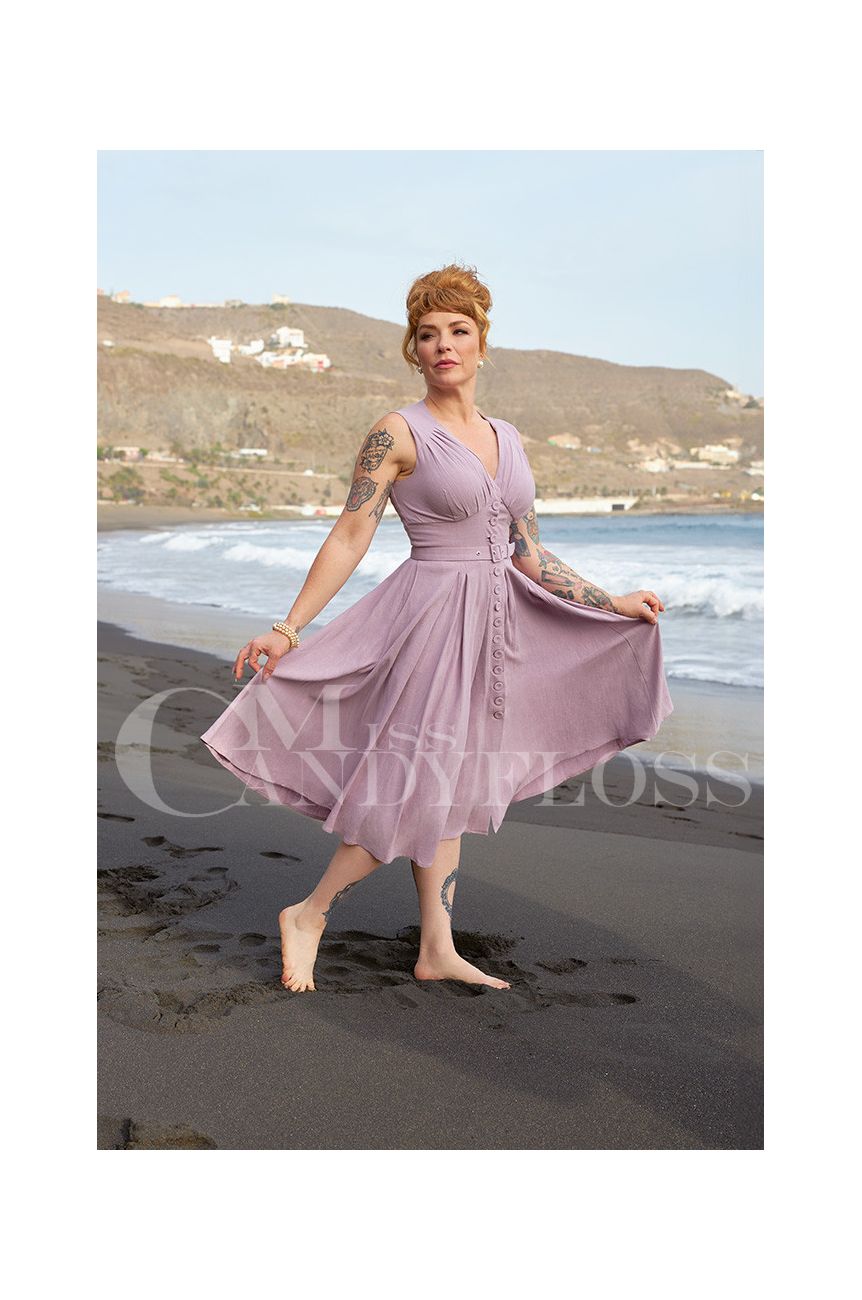 Dos robe mauve swing plisse fluide ceinture assortie Miss Candyfloss style retro rockabilly