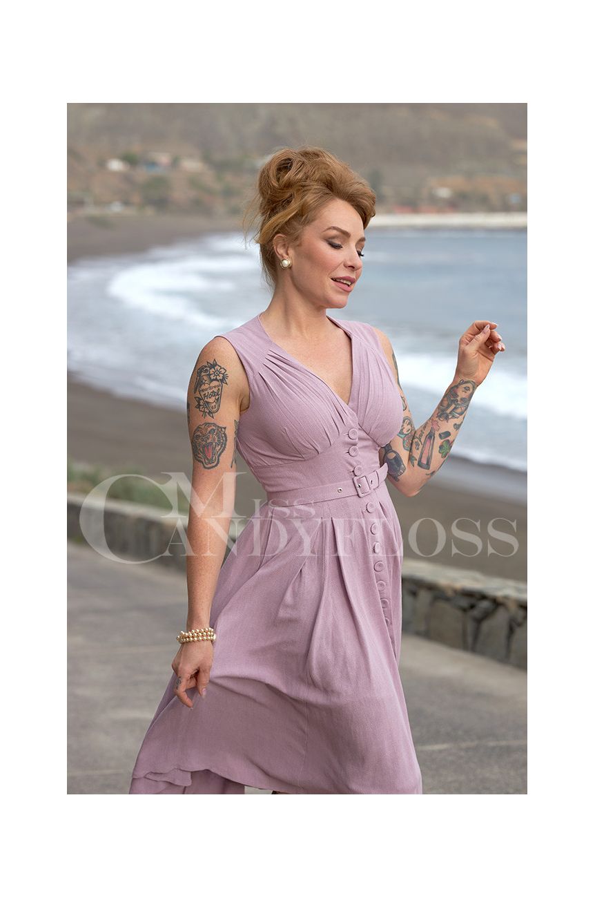 Robe swing mauve lilas boutons recouverts ceinture assortie style annees 50 rockabilly femme