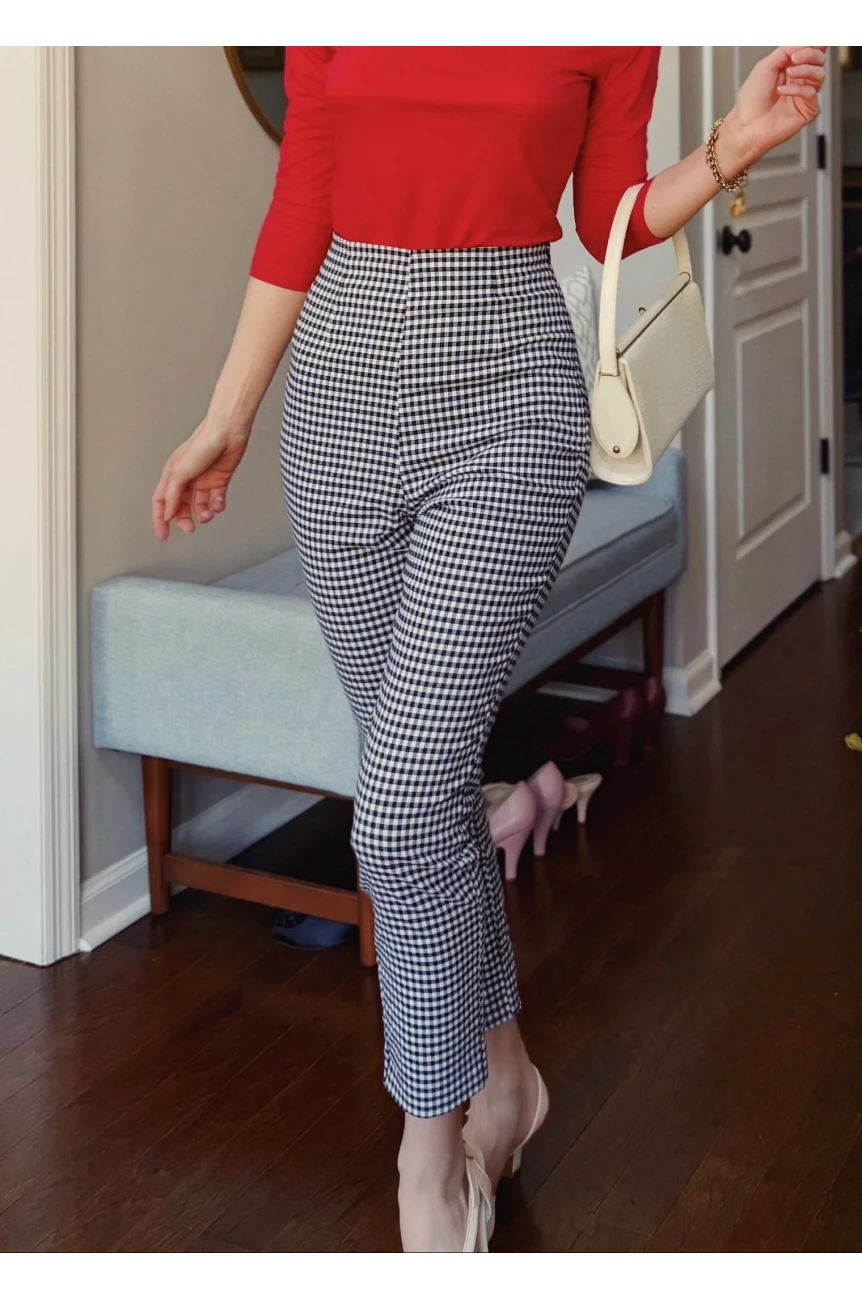 Pantalon gingham noir blanc taille haute crayon capri vintage pin-up