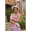 Dos robe rose fleurie bretelles larges taille marquee jupe swing romantique retro