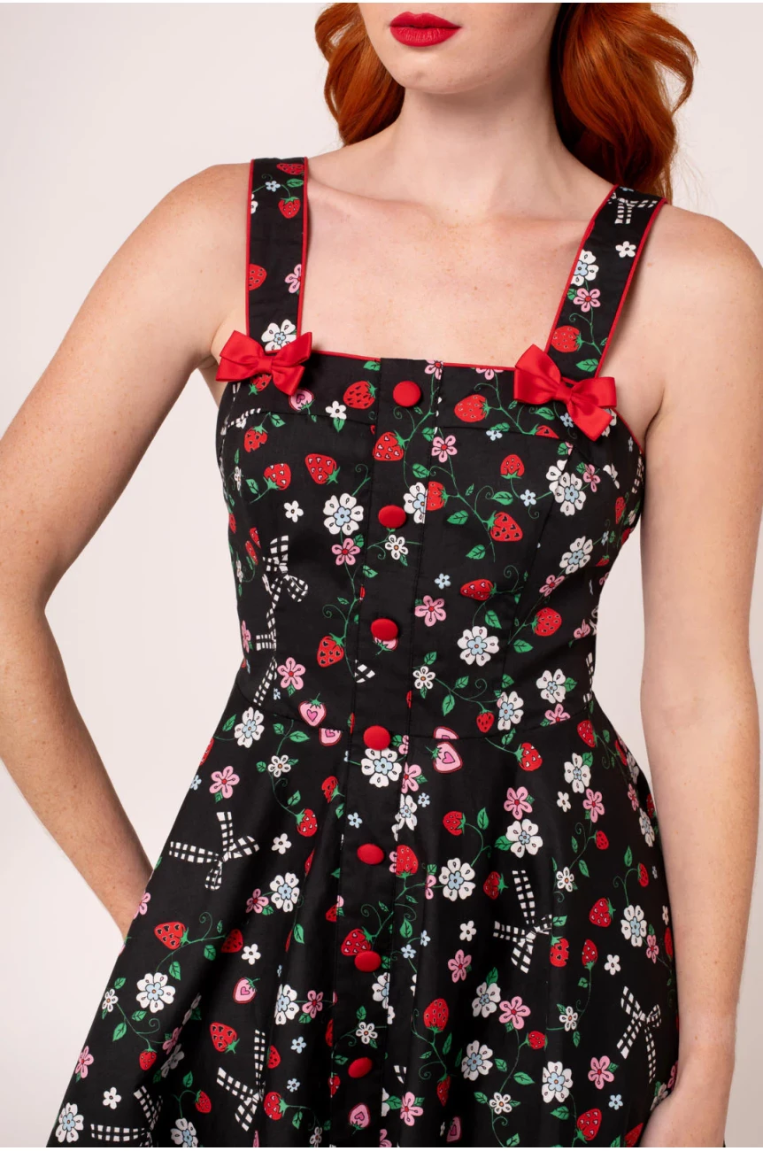 Dos robe noire fraises marguerites bretelles passepoil rouge decollete V swing retro