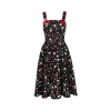 Detail bretelles robe noire noeuds rouges passepoil fraises fleurs rockabilly Hell Bunny