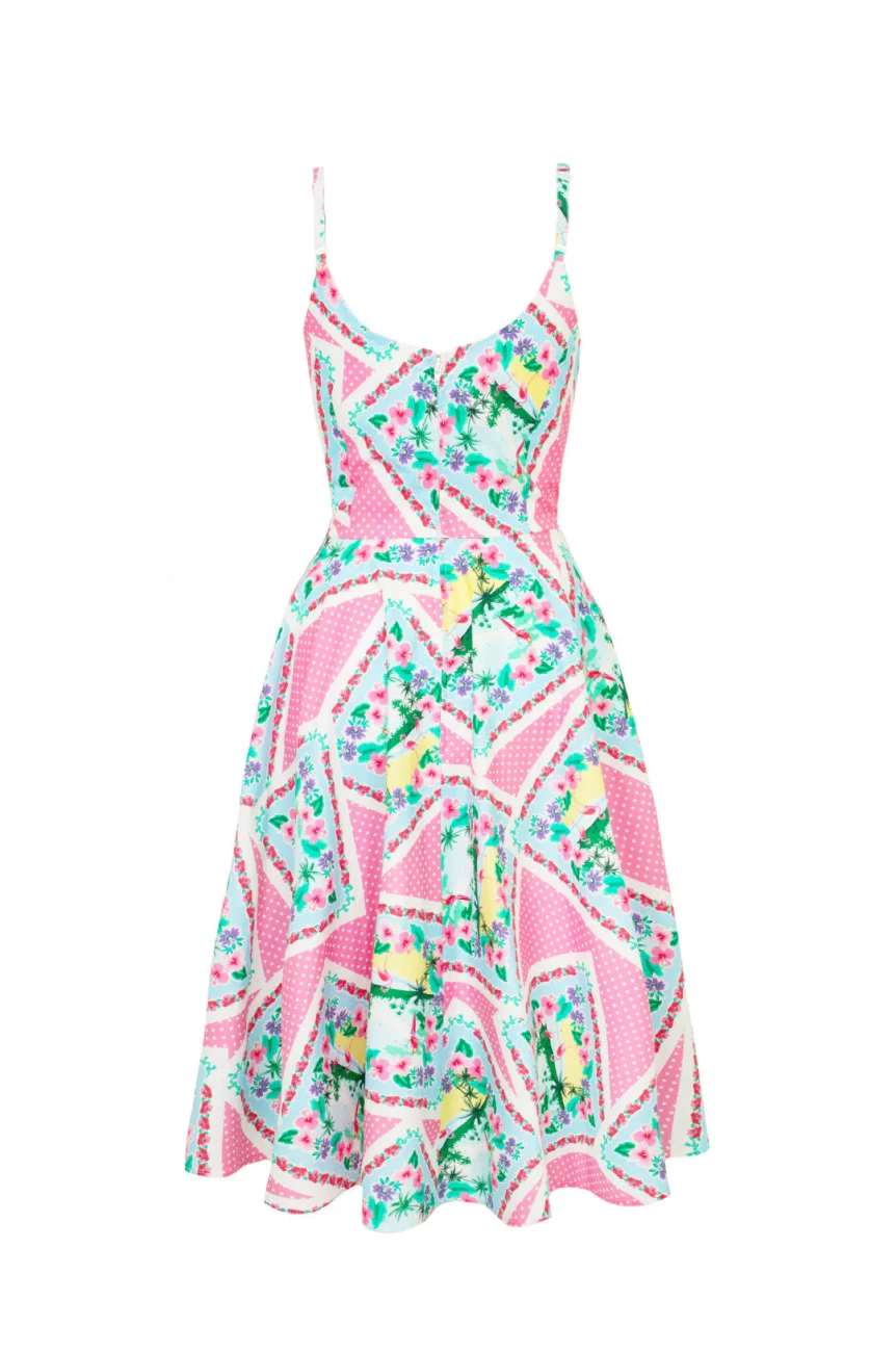 Robe pin-up imprime patchwork foulard hibiscus ananas palmiers swing coton leger