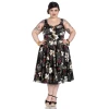 Robe rockabilly noire tropical hibiscus palmiers jupe ample swing coton leger pin-up