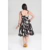 Robe pin-up noire imprime tropical hibiscus feuilles palmier jupe swing coton annees 50