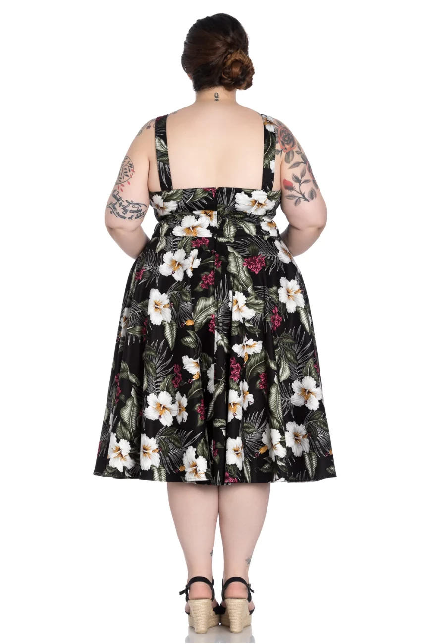 Robe ete noire imprime botanique hibiscus fuchsia palmiers swing Hell Bunny vintage chic