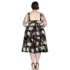 Robe ete noire imprime botanique hibiscus fuchsia palmiers swing Hell Bunny vintage chic