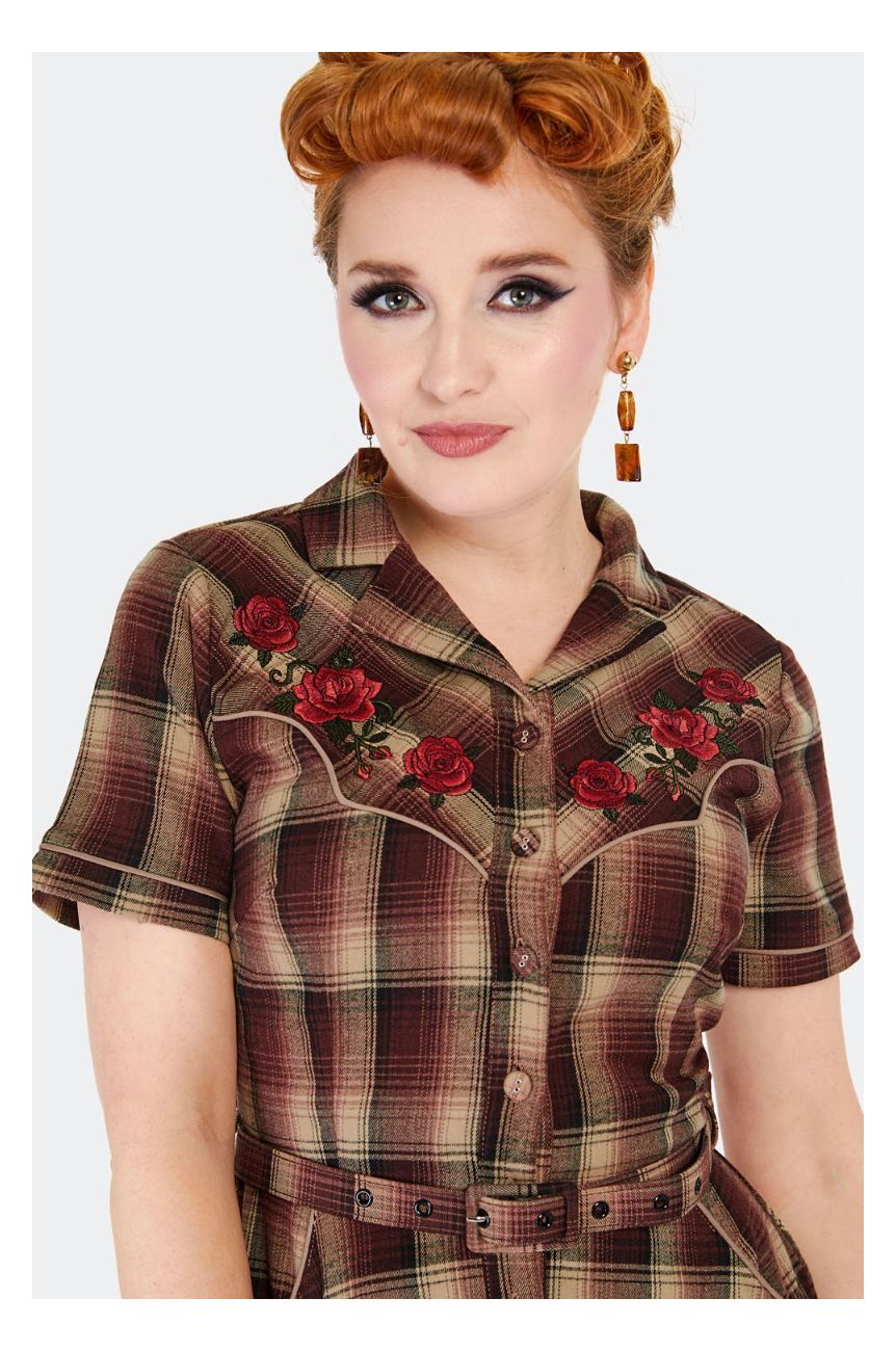 Robe vintage tartan brun empiecements western roses brodees jupe swing biais annees 50