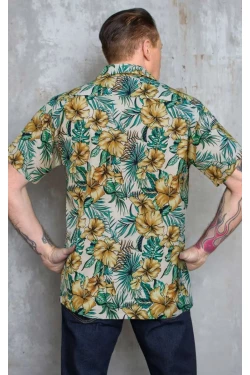 Chemise hawaienne homme 100% coton imprime tropical hibiscus dore feuillage vert vintage