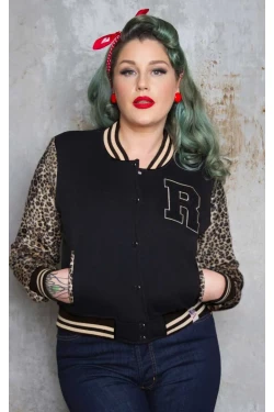Veste college noire manches velours panne leopard patch chenille R Rumble59 rockabilly