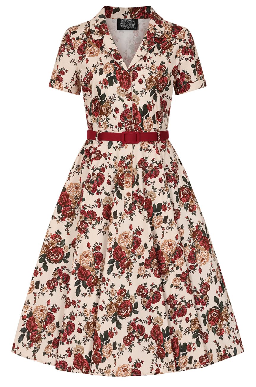 Robe rockabilly ecrue floral automnal roses bordeaux swing coton style retro chic