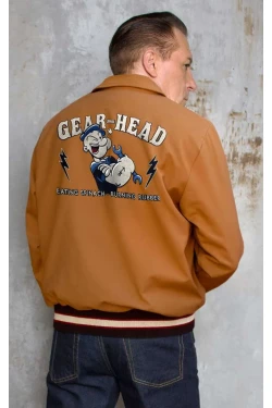 Veste college ocre Gear Head broderie Popeye dos bandes tricolores Rumble59 rockabilly